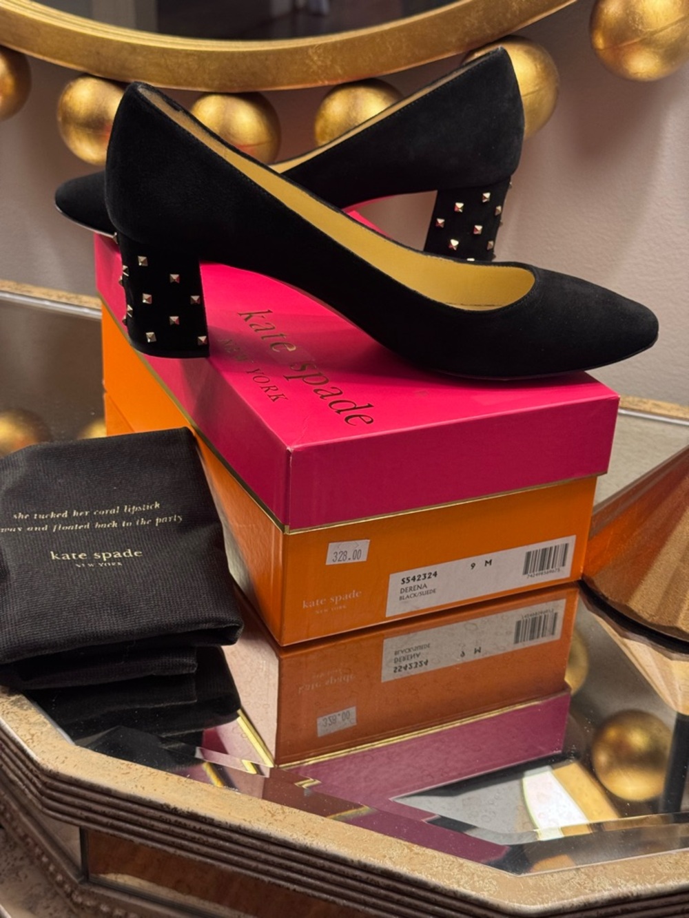 Kate Spade Black Suede Gold Studded Heels Pumps - Size 9
